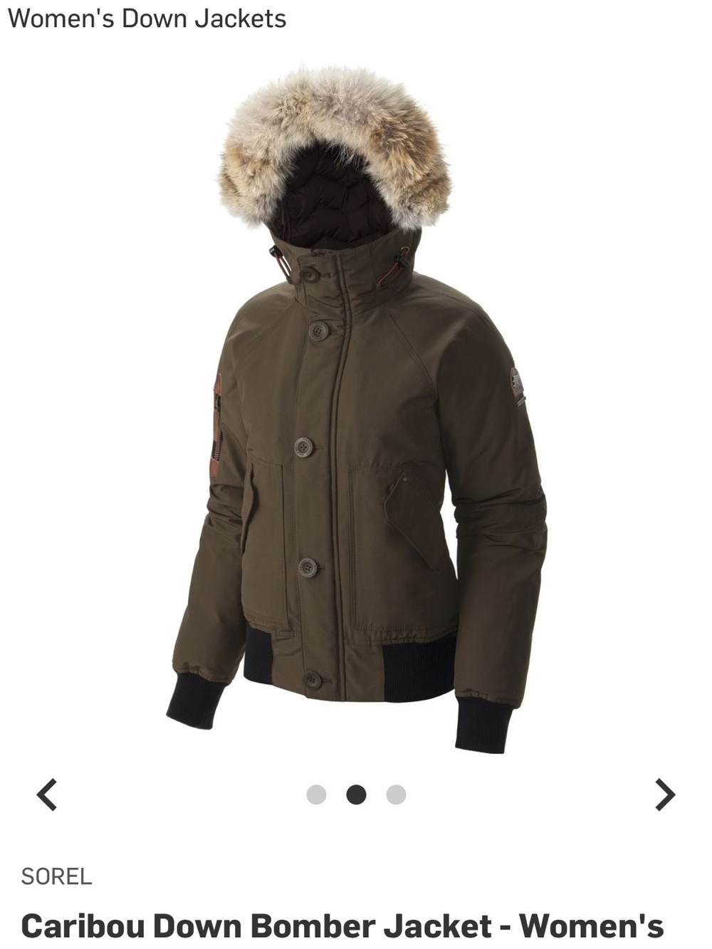Sorel Caribou Down Bomber Jacket in an olive green featuring a fur trim hood